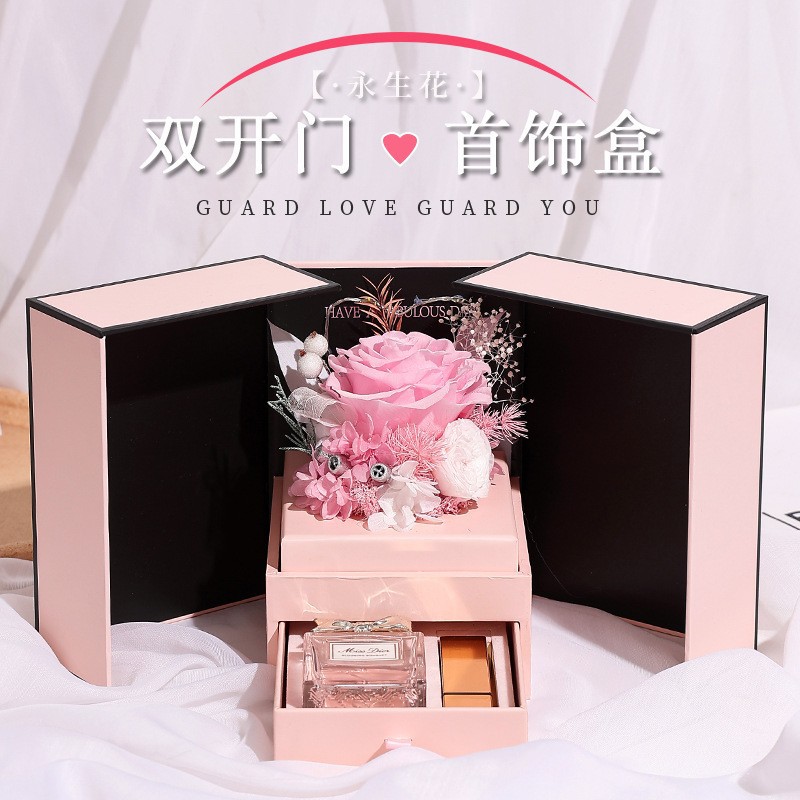 Caja de regalo de San Valentín 520 rosa lápiz labial collar joyero regalo de cumpleaños flor eterna caja de regalo de ventana al por mayor
