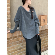 慵懒风领针织衫毛衣外套2025春秋新款不规则设计感蝙蝠袖女上衣