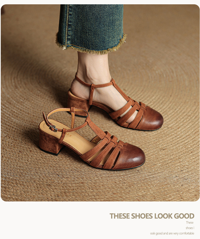 Sandal nữ da bò dệt rỗng mũi hở gót thô cao phong cách La Mã — màu nâu chi tiết 10