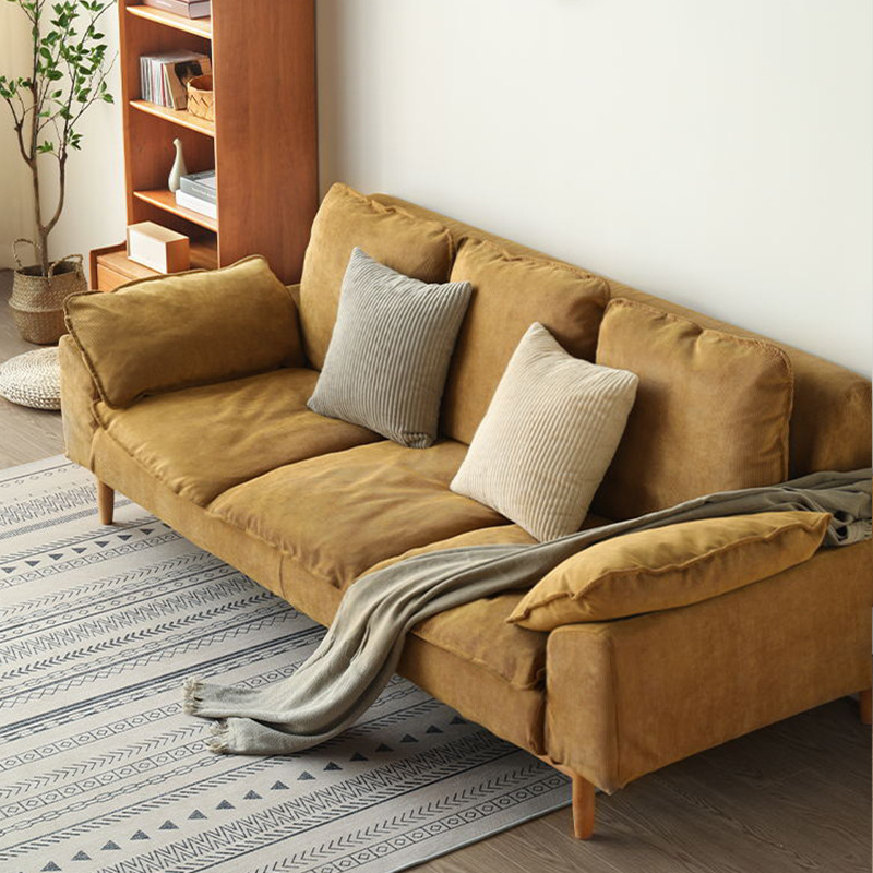 北欧樱桃木实木沙发布艺三人位组合灯芯绒日式小户型客厅现代简约|ms