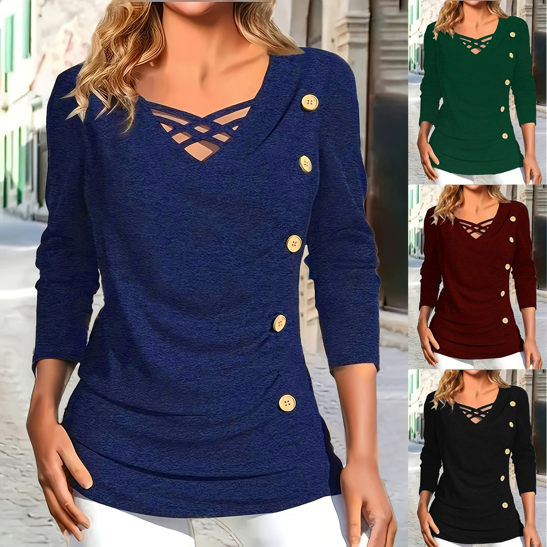 2024 Amazon temu модный европейский и американский трансграничный элегантный сплошной цвет вязаный V-образный вырез с длинным рукавом поддельная пуговица плюс размер топ