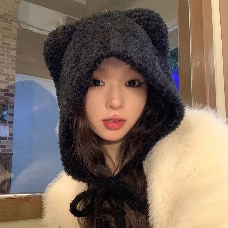クマのニット帽、かわいいウールのぬいぐるみ、女性の秋冬の万能韓国版、暖かいぬいぐるみ、大きな頭囲、小さな顔|undefined