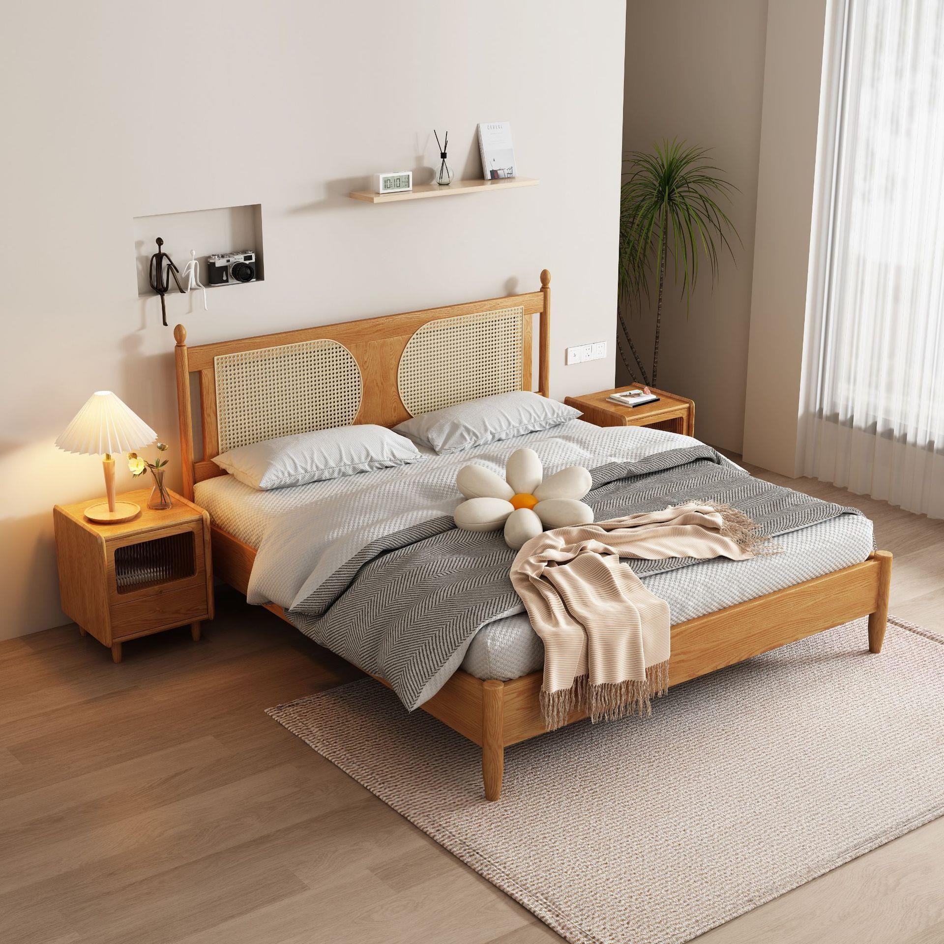 Nórdico blanco cera madera ratán cama 1,8 B & B retro japonés moderno minimalista registro estilo ratán cama doble