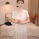 [Flower Wedding Nightgown] Mid-length Short-sleeved Lace Heavy Embroidered Elegant Nightgown with Chest Pad Fairy Home Clothes