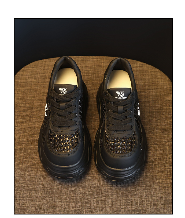 Giày sneaker nữ đế dày tăng chiều cao, thiết kế rỗng thoáng khí, phối trắng cơ bản — màu đen chi tiết 18