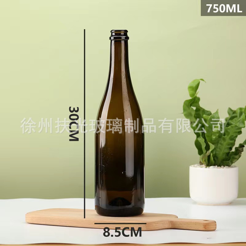 Botella de vidrio al por mayor botella de vino vacía botella de vino tinto botella de vino espumoso botella de champán té con leche con tapa marrón transparente en stock
