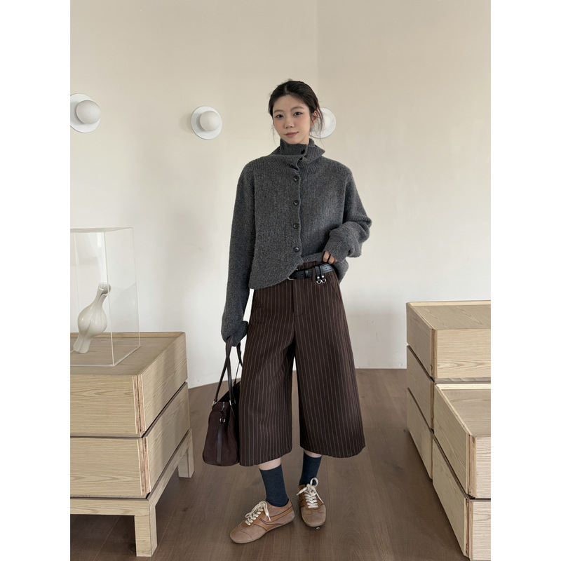 Icciicc Fashionable Retro-Style Striped Wool Cropped Pants with Fleece Lining, Loose Fit Casual Women's Pants 13 Lines 1589