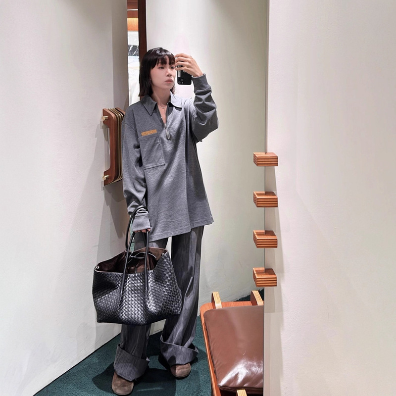 Duojia Spot 25Ss Bv New Quilted Leather Lapel Half-Zip Polo Collar Long-Sleeved Shirt