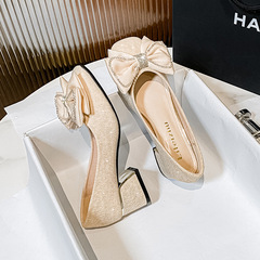 2023新款秋季淺口日常可穿配裙子仙女風粗跟大碼單鞋訂婚鞋伴娘鞋