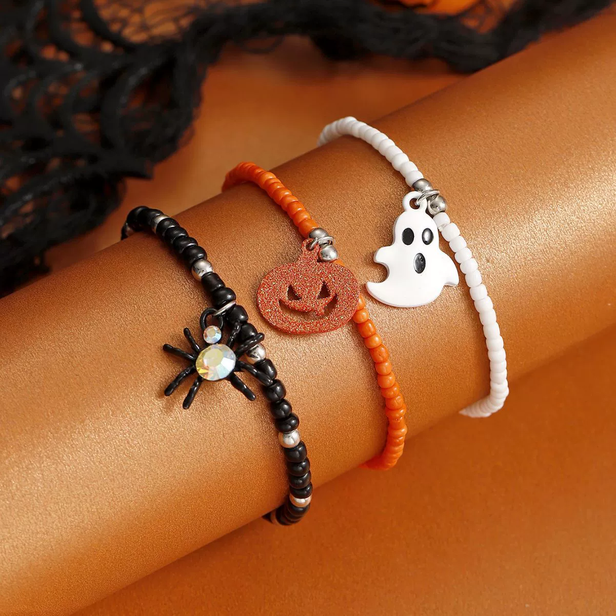 Halloween Ghost Bracelet Set, Multicolour Beaded Charm Bracelets, Lightweight