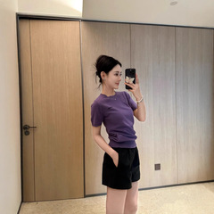 高品質 2025 春夏新作 miu 小さなジャカードレターラウンドネックニット半袖 Tシャツ無地スリムフィット女性