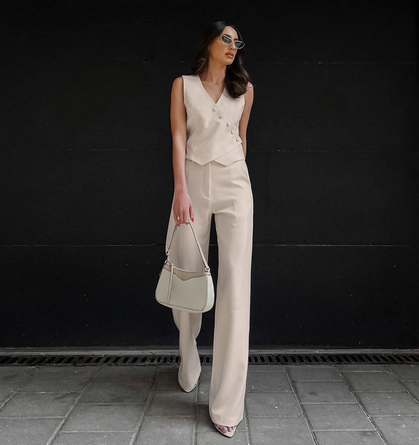 Women's Clothing commuting apricot cotton and linen vest vest wide leg pants two piece suit female 2024 summer deconstruction design suit_voghion.com