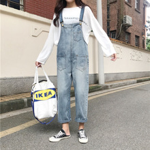 学院风百搭休闲破洞牛仔连体背带裤女韩版宽松显瘦直筒裤蓝色其它