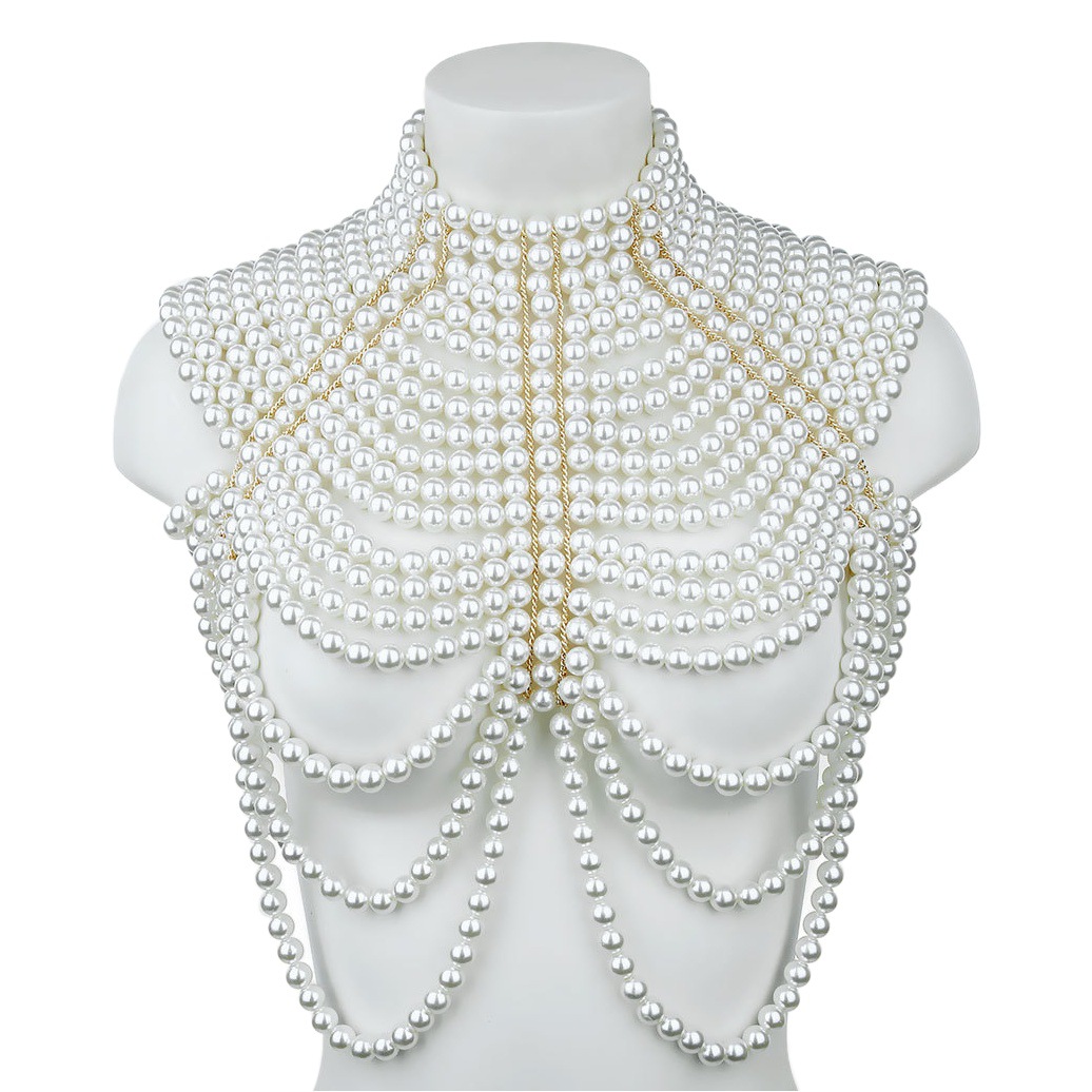 Europeo y americano chal cuerpo cadena joyería ins estilo perla pecho cadena moda femenina partido perla hombro cadena Venta caliente Accesorios