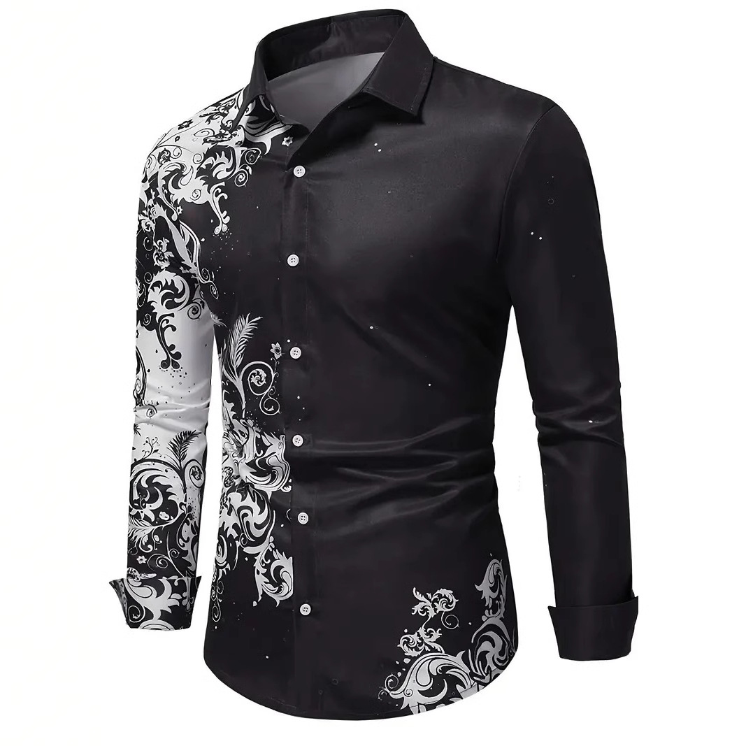 Comercio exterior europeo y americano transfronterizo 2024 nuevo estilo casual de moda salvaje patrón de planta camisa de manga larga para hombre MB12