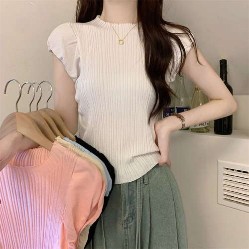 Half-high collar turtleneck solid-color sleeveless knitted top for women, summer thin fit-to-measure slimming innerwear with spliced sleeve cuffs