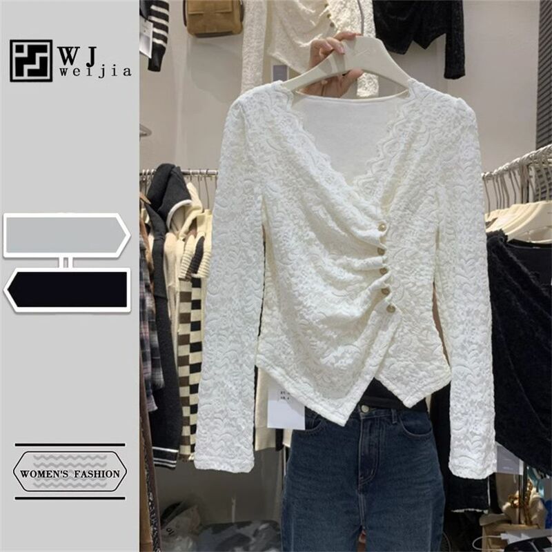 Dopamine Fleece Collar Brushed Lace Bottoming Shirt for Women Summer New Slit Top Outer Wear Short Shirt Trendy