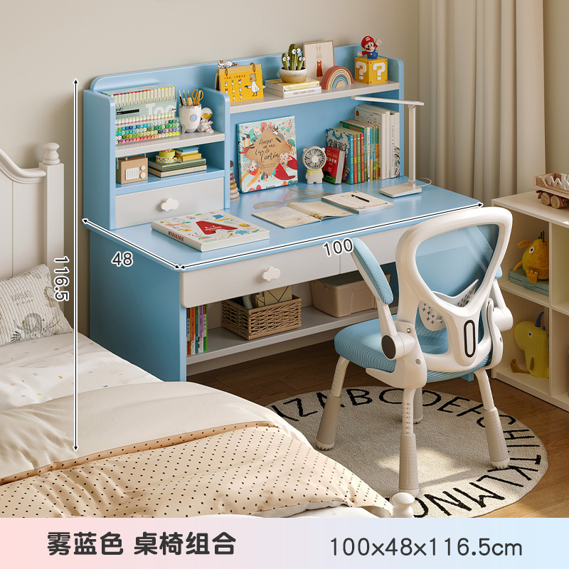 Escritorio de madera para niños, estantería, escritorio integrado, escritorio de estudio, dormitorio en casa para estudiantes de primaria, juego de escritorio y silla para niñas