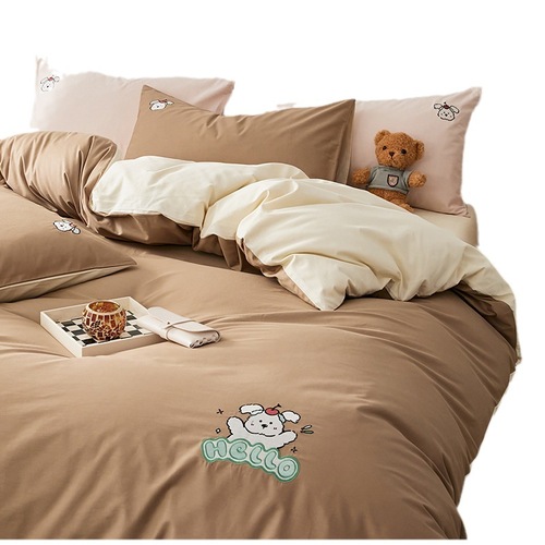 Cartoon Style 100% Cotton Long-staple Cotton Embroidery Four-piece Set All-season Soft Three-piece Set Cute Duvet Cover Bed Sheet Fitted Sheet Wholesale