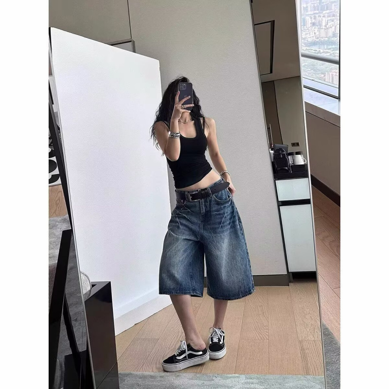 New Summer Retro American-Style Casual Trendy Brand Whiskered Washed Vintage Loose Wide-Leg Cropped Jeans with Side Pockets New Summer Retro American-Style Casual Trendy Brand Whiskered Washed Vintage Loose Wide-Leg Cropped Jeans with Side Pockets