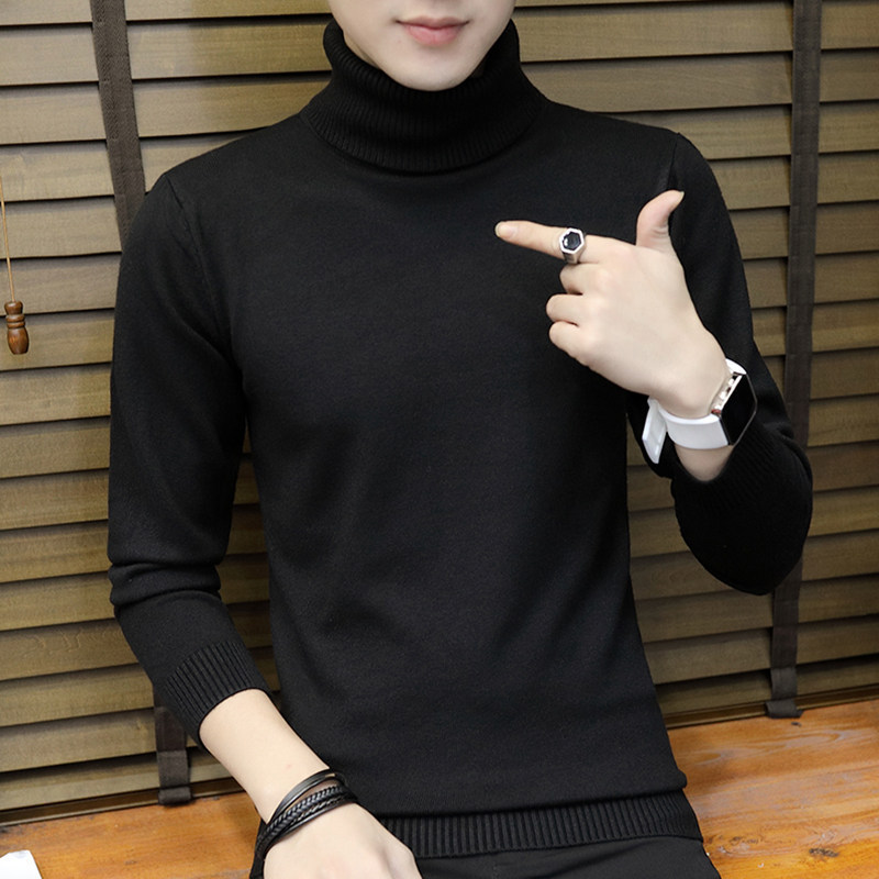 Men's Turtleneck Sweater Autumn and Winter Korean Style Slim Fit fleece-lined Thickened Warm Sweater Long Collar Knitted Base Shirt Top Trendy