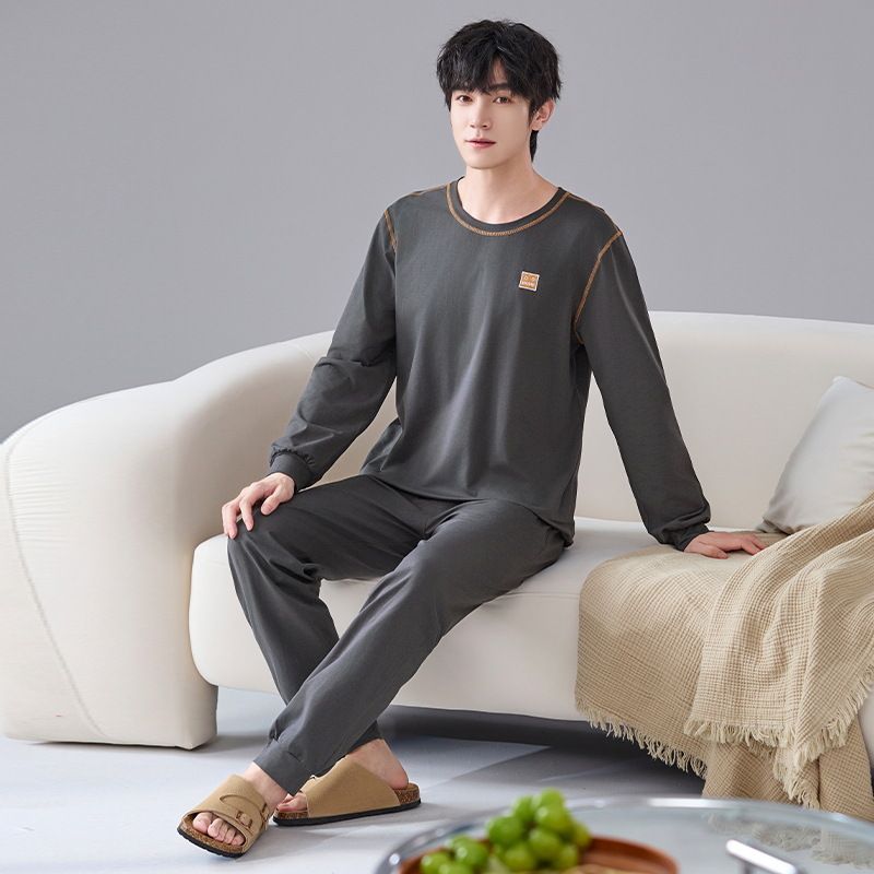 Pijamas de algodón de manga larga para hombres primavera y otoño ocio simple algodón 2024 nuevo conjunto de ropa de hogar de cuello redondo juvenil