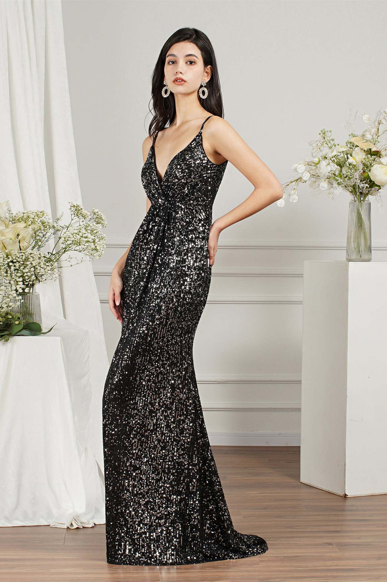 Comercio exterior europeo y americano nueva correa sin mangas con cuello en V delgado vestido largo banquete vestido de noche vestido de lentejuelas