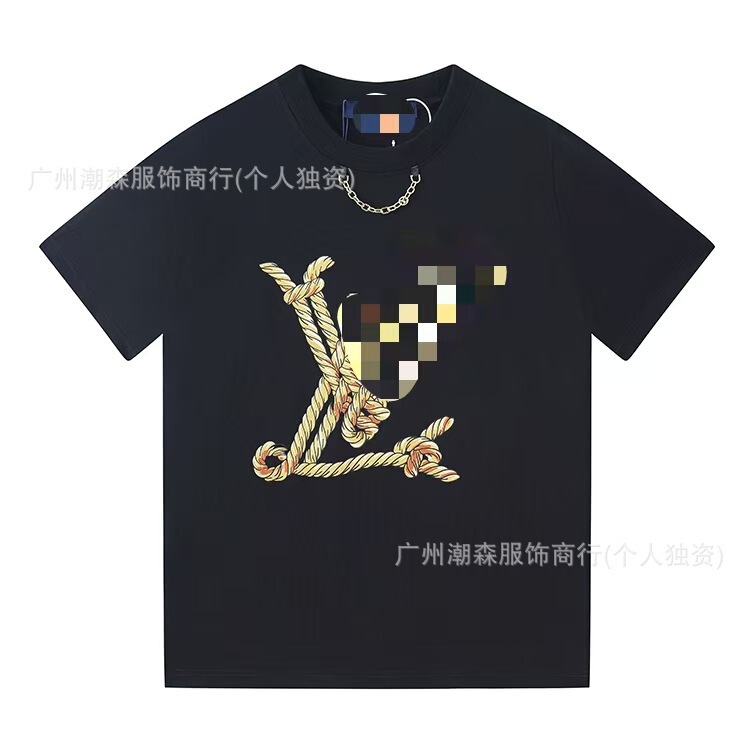 跨境奢潮高品质满印花L字母短袖潮牌外贸欧货驴家圆领男女宽松T恤|undefined