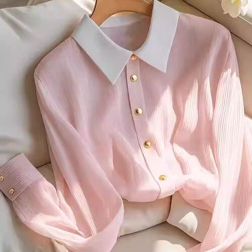 French light luxury pink long-sleeved shirt, early autumn new style, chic chiffon top