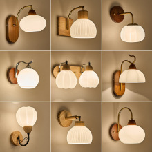 壁灯北欧原木艺简约胡桃色实木卧室床头灯拉线开关客厅过道楼梯灯