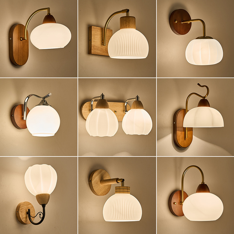壁灯北欧原木艺简约胡桃色实木卧室床头灯拉线开关客厅过道楼梯灯