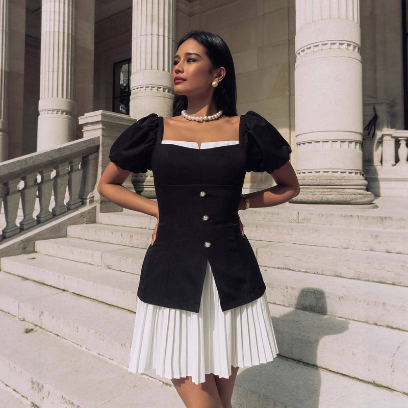 Cross-Border European and American Summer New Style French-Style Square Collar Lace Trim Single-Breasted Front Slit Shirt with Puff Sleeves Cross-Border European and American Summer New Style French-Style Square Collar Lace Trim Single-Breasted Front Slit Shirt with Puff Sleeves