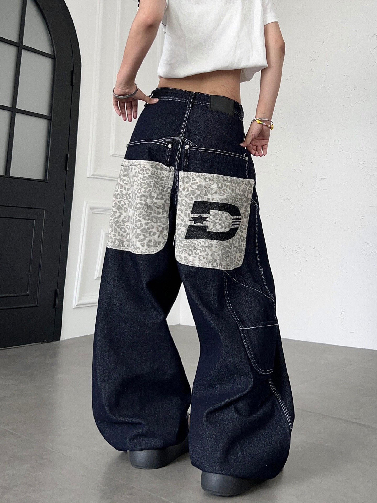 American retro leopard print letter embroidery large pocket deconstructed jeans unisex trendy high street wide-leg loose pants