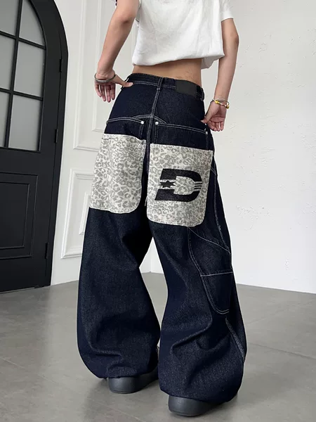 American retro leopard print letter embroidery large pocket deconstructed jeans unisex trendy high street wide-leg loose pants