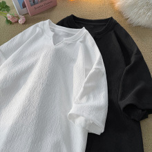 cleanfit复古纹理感短袖男夏季慵懒风速干v领T恤高级垂感大码内搭