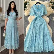 小香风连衣裙女法式高级感甜美娃娃领短袖收腰显瘦长款蕾丝礼服裙
