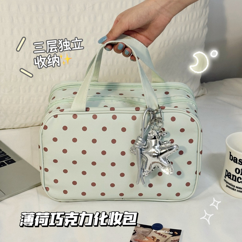 Mint Green Polka Dot Cosmetic Bag for Girls, Three-Layer Large-Capacity Partitioned Storage Bag, Travel Portable Waterproof Toiletry Bag Mint Green Polka Dot Cosmetic Bag for Girls, Three-Layer Large-Capacity Partitioned Storage Bag, Travel Portable Waterproof Toiletry Bag