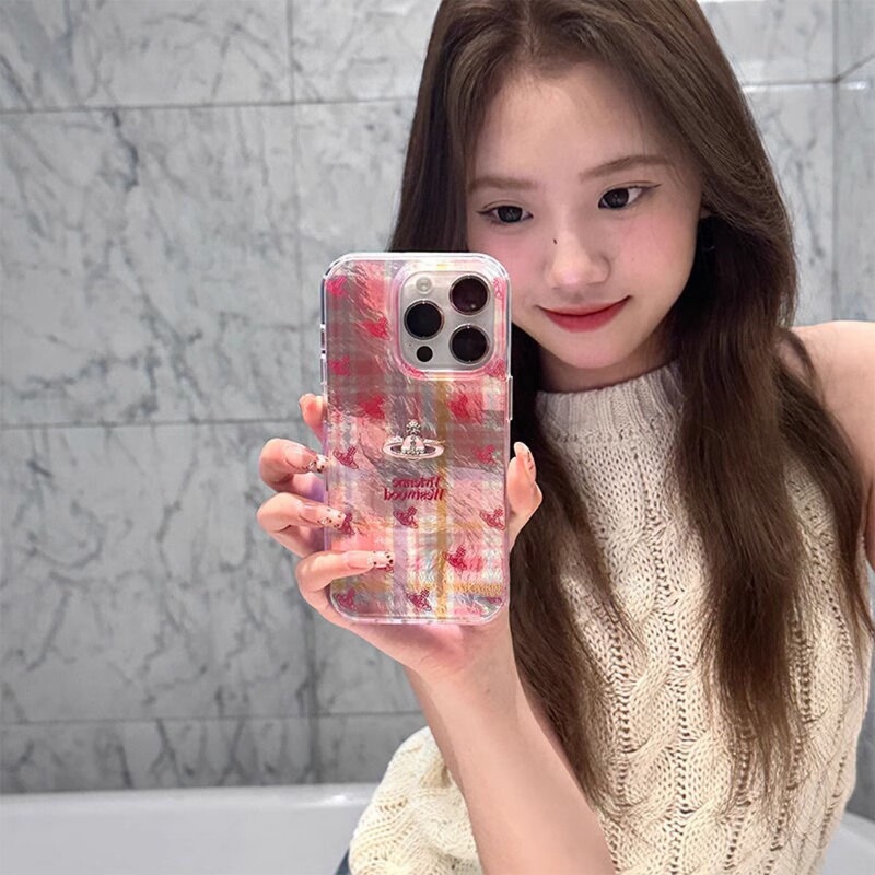 韩系ins少女粉色格纹立体星球适用14苹果15ProMax手机壳iPhone13|undefined