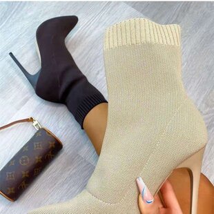 Autumn 2021 New Knitted Stretch Boots Pointed Socks Boots Mid-Barrel High Heel Short Boots Large Size Thin Heel Super High Heel Socks Boots