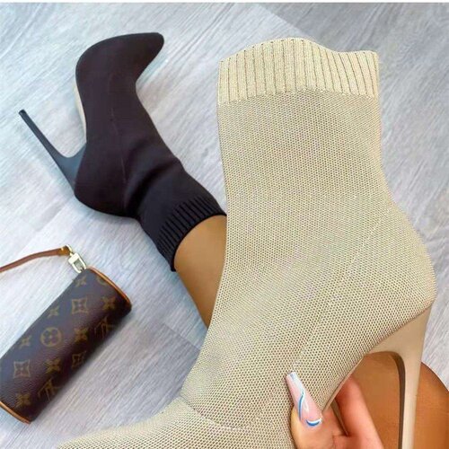 Autumn Knit Elastic Pointed Toe Boot Mid-Calf High Heel Short Boot Plus Size Slim Heel Extra High Heel Boot