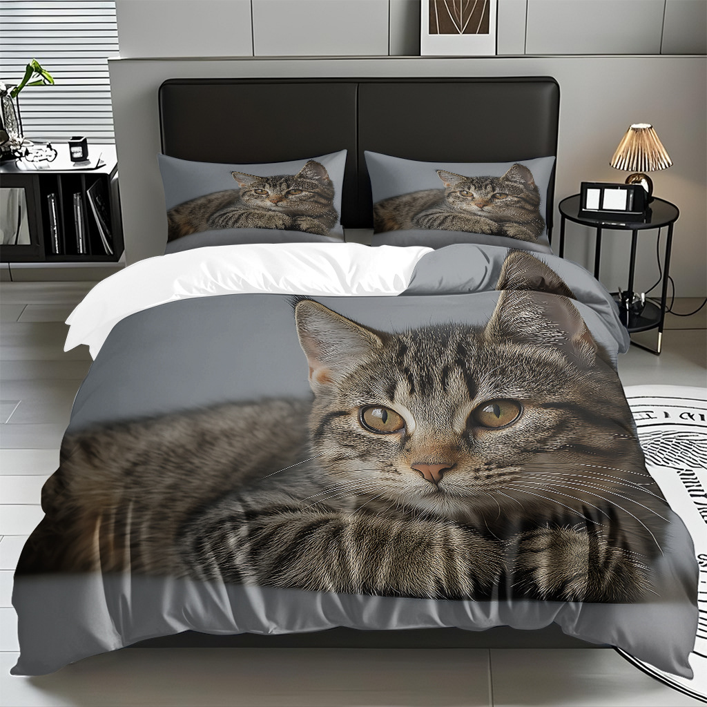 TEMU / JIT adorable gatito impresión digital suave set de colcha de edredón textil para el hogar se puede diseñar venta directa de fábrica