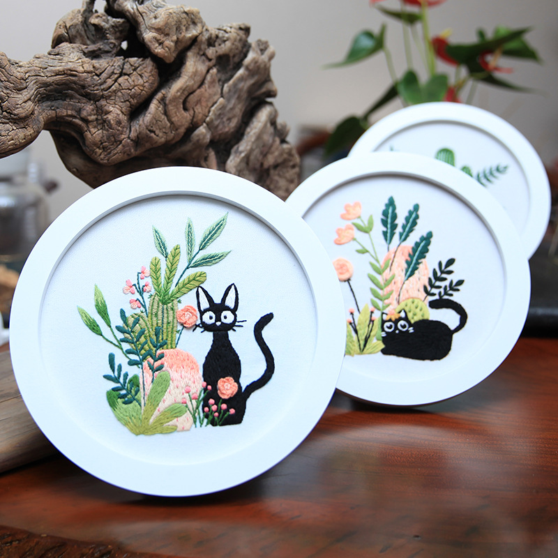 Bordado DIY material paquete gato colgante pintura hecha a mano dibujos animados gato negro creativo pintura Lu bordado escuela regalo novato Kit