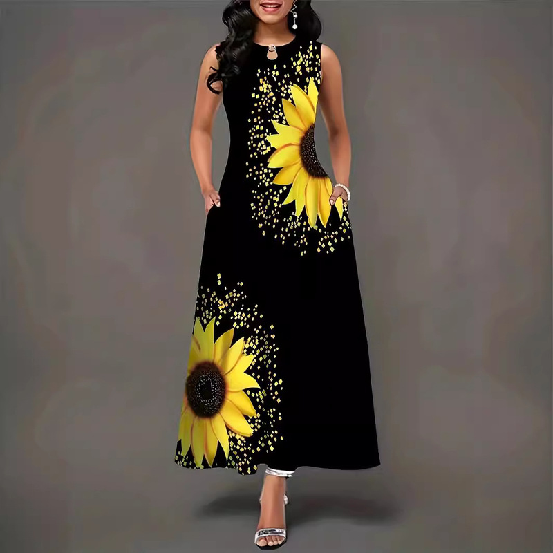 European and American Amazon Wish Non-Sleeve Long dress Women's Positioning Printed Large Swing Dress Bohemian Retro Long Dress