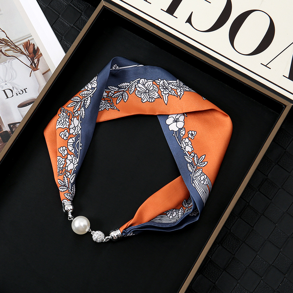 Pañuelo de seda con hebilla magnética de diamantes con incrustaciones de perlas collar mujer retro todo fósforo moda bufanda fina hebilla autocebante babero al por mayor