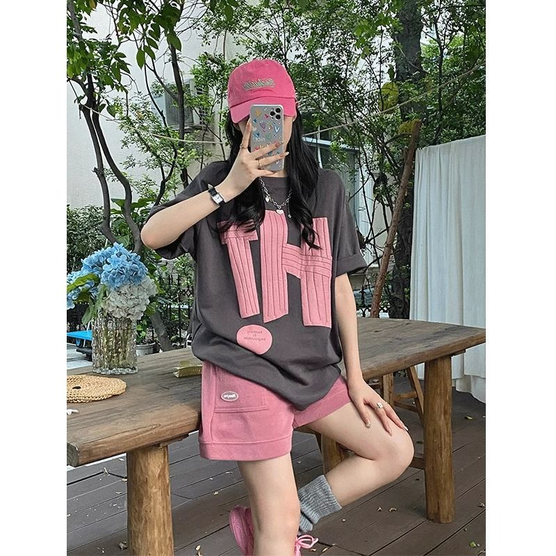 통통한 자매 플러스 사이즈 여름 편지 인쇄 느슨한 반팔 티셔츠 여성용 높은 허리 슬리밍 캐주얼 반바지 스포츠 세트