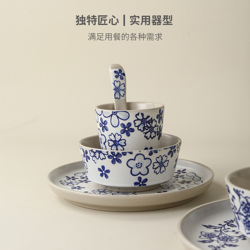 Blue and White New Chinese Style Four-Piece Set of Bowls, Plates, Cups and Spoons, Coarse Pottery, Commercial Cantonese Restaurant, Hotel, Hot Pot Tableware