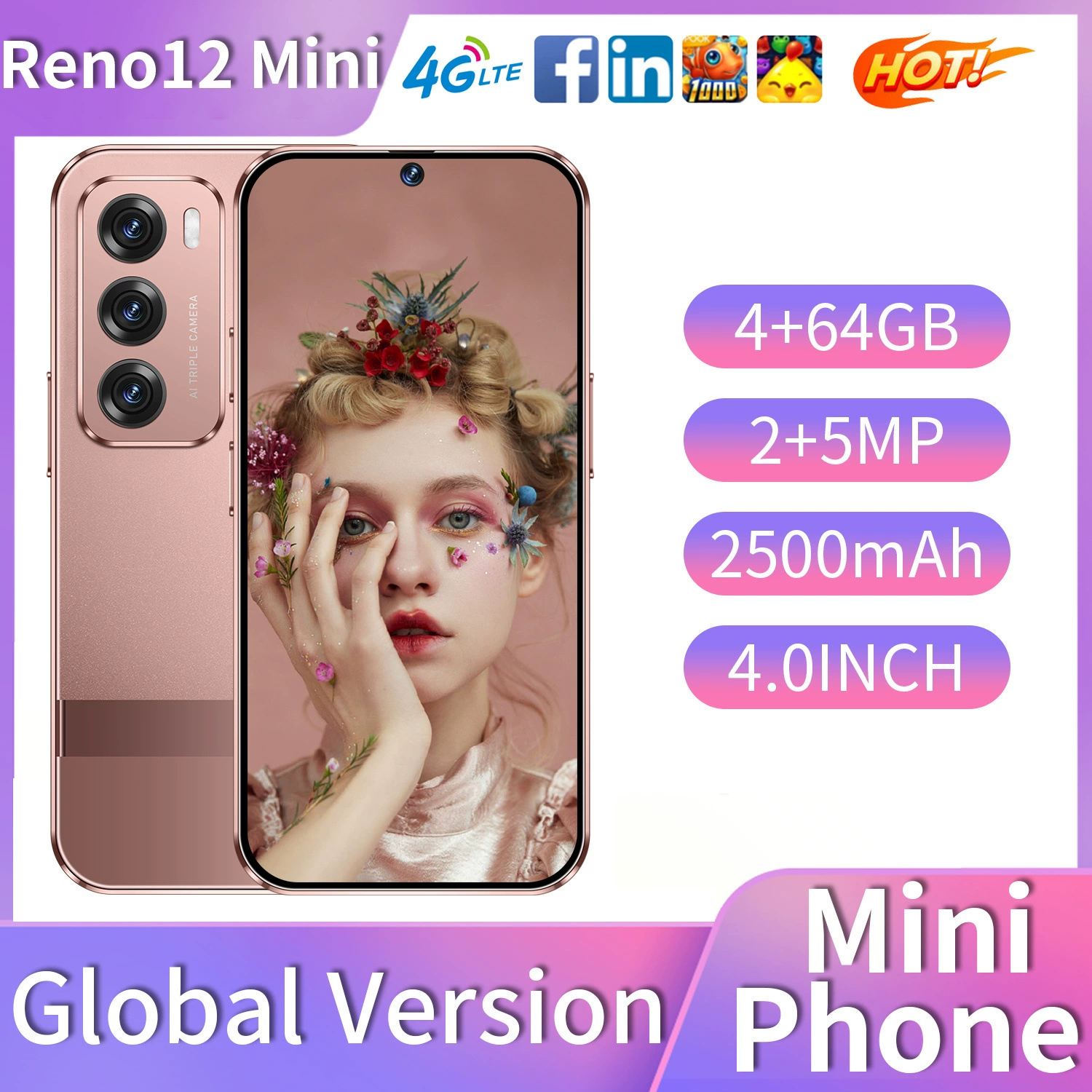 Мини Reno12 Mini для детей: компактный смартфон, цвета Black White Rose Gold, от производителя