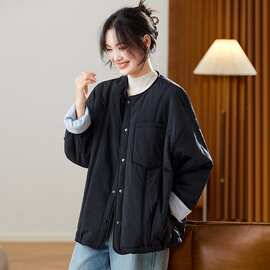 黑色排扣圆领棉衣外套女2025冬季新款韩版宽松加厚保暖小个子棉服
