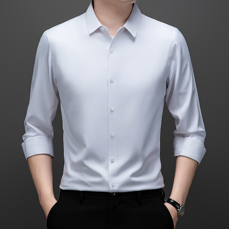 Autumn New Solid Color Traceless Shirt Men's Non-ironing Breathable Business Casual Korean Style Slim-fit Business Wear White Shirt