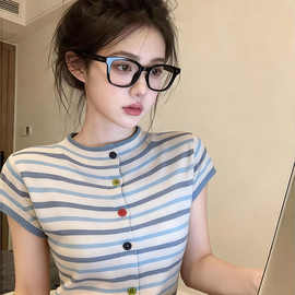 韩系彩色纽扣条纹短袖针织衫女夏季小众别致设计感绝美单穿小上衣